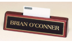 Rosewood desk plate with business card holder and engraved black plate. Order Name Plates online or Call 800-523-2344