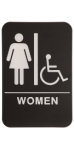 6" x 9" Wall sign for the women's bathroom and the handicap sign.  Optional sticky backing to mount to wall. Black plate with white text.  Order Online or Call the Corporate Connection 800-523-2344