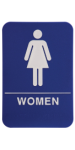 6"x9" Blue women's bathroom sign with Braille text.  Optional sticky backing or frame.  Order online or call the Corporate Connection 800-523-2344