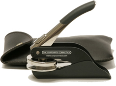 1 5/8" Massachusetts architect handheld seal embosser with name, city, and number. Comes with a protective leatherette pouch. Order Online or Call the Corporate Connection 800-523-2344