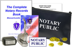 1 5/8"  Massachusetts notary package with deluxe pre-inked stamp and chrome finish desk seal embosser customized with name and date. Order online or Call the Corporate Connection 800-523-2344