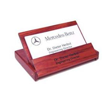 Rosewood business card case and holder engraved with text, image, or logo. Holds cards as a standard case or unfolds to sit on desk. Order Online or Call the Corporate Connection 800-523-2344