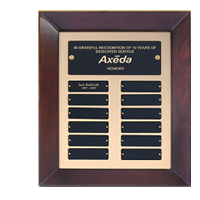 12" x 15" Cherrywood perpetual plaque with gold background finish and black brass plates.  Each plate can be personalized with text or images and screw holes.  Order online or Call the Corporate Connection 800-523-2344.