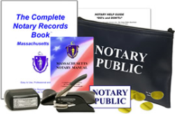 Massachusetts Notary Super Saver Package comes with Deluxe Notary Seal, Pre-Inked Stamp, Decal, Records book, Manual, Foils and Zippered Bag. Order online or Call 1-800-523-2344