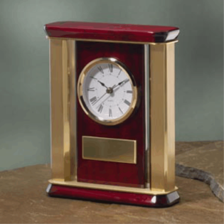 7 1/4" x 9" Rosewood desk clock with gold pillars and gold plate customized with text, image, or logo.  Order Online or Call the Corporate Connection 800-523-2344.