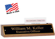 8" x 2 1/4" Walnut desk cardholder with personalized black brass nameplate and gold lettering. Order Online or Call the Corporate Connection 800-523-2344