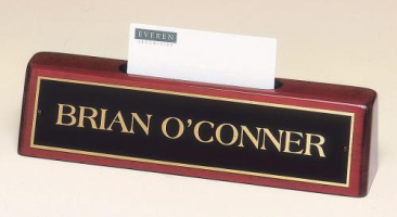 Rosewood desk plate with business card holder and engraved black plate. Order Name Plates online or Call 800-523-2344