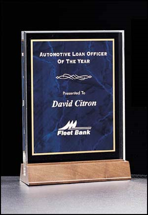 6" x 8 5/8" Blue marble plaque in glass frame on walnut wood base. Marble plaque customized with text, image, or logo. Order Online or Call the Corporate Connection 800-523-2344