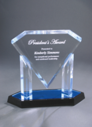 10" Diamond style acrylic award with blue undertones and blue base. Comes with custom engraving. Order Online or Call the Corporate connection 800-523-2344