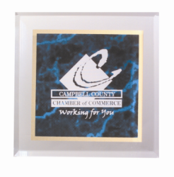 3 3/4" Square acrylic paperweight with blue marble print brass plate customized with text, image or logo.  Order Online or Call the Corporate Connection 800-523-2344