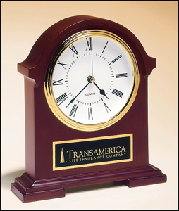 7 1/2" x 8 1/2" Mahogany standing desk clock with customizable black brass plate.  Order online or Call the Corporate Connection 800-523-2344