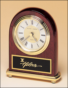 4" x 5" Rosewood rounded clock with customized black brass plate. Order Online or call the Corporate Connection 800-523-2344