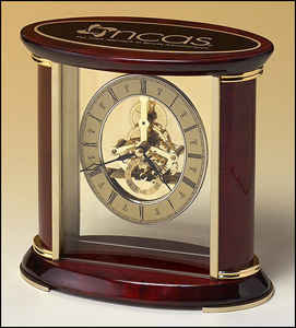 7" x 9" Rosewood and gold desk clock with exposed gears.  Includes a black brass plate customized with text, image, or logo.  Order online or call the Corporate Connection 800-523-2344