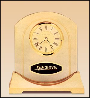 Rounded Glass Desk Clock with gold aluminum base and black brass plate customized with text, image, or logo. Order Online or Call the Corporate Connection 800-523-2344