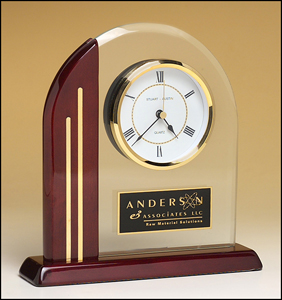 7 1/2" x 8" Arched glass clock with half rosewood and gold frame.  Comes with a black brass plate with gold lettering customized with text, image, or logo. Order Online or Call the Corporate Connection 800-523-2344