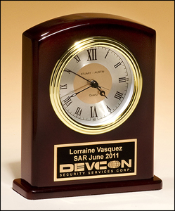 5 1/4" x 6 3/4" Standing rosewood desk clock with gold accents and black brass plate personalized with text, image, or logo.  Order Online or Call the Corporate Connection 800-523-2344