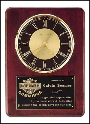 12" x 15" Clock with rosewood wall mount and black brass plate customized with text, image, or logo.  Order Online or Call the Corporate Connection 800-523-2344