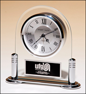 6"Hx6"W Glass clock with chrome finishes.  Includes a black and silver brass plate personalized with name, image, or logo. Order online or call the Corporate Connection 800-523-2344
