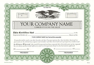 30% off Green Corporate Stock Certificates Custom Printed with Company Name or Blank. Order Stock Certificates Online or Call The Corporate Connection 800-523-2344