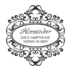 1 3/4" x 1 3/4" Address stamp with floral pattern customized with text in the center.  Order Online or Call the Corporate Connection 800-523-2344
