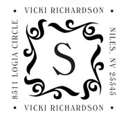 1 3/4" Square address stamp with a swirl design and a monogram letter in the center bordered by text. Order Online or Call the Corporate Connection 800-523-2344