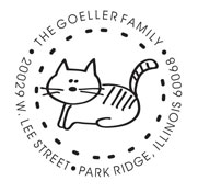 1 3/4" Diameter address stamp with a tabby cat in the center.  Customized text in circle around the cat. Order Online or Call the Corporate Connection 800-523-2344