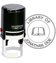 1 5/8" Self-inking stamp with a book in the center and personalized with your text.  Order online or Call the Corporate Connection 800-523-2344.