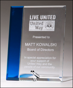 6" x 8" Standing glass award with blue stripe on the left engraved with custom text, image, or logo.  Stands with metal pin. Order Online or Call the Corporate Connection 800-523-2344