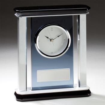 7 1/2" x 9" Desk clock mounted on smoked glass and framed with silver pillars. Include silver plate customized with text, image, or logo. Order Online or Call the Corporate Connection 800-523-2344