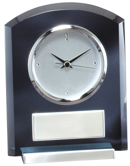 5" x 7" Smoked glass desk clock with chrome base and trim. Comes with a personalized chrome plate. Order Online or Call the Corporate Connection 800-523-2344