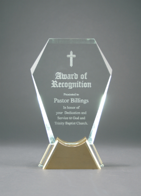 8" Gem shaped glass award with golden base. Customized with text, image, or logo. Order Online or Call the Corporate Connection 800-523-2344