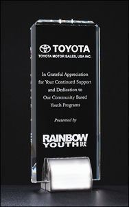 9 1/4" x 3 1/2" Standing crystal award customized with engraved text, image, or logo.  Stands upright on a chrome holder base. Order Online or Call the Corporate Connection 800-523-2344