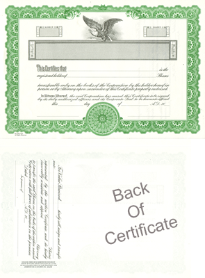 Next Day. Blank or Printed Corporate Stock Certificates Order online or call The Corporate Connection 800-523-2344