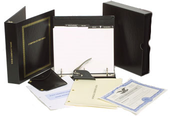Corporate Kit comes w/Corporate Minutes Binder, Name Gold Foiled On binder, Certs, Transfer Ledger, Tab Dividers, Seal with Pouch, Blank Minute Paper & Bylaws. Call 1-800-523-2344