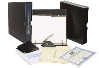 Eco Corporate LLC Kit comes with Deluxe Binder, Custom Tag with Company Name, Stock Certs, Index Tab Dividers, Seal with Pouch, Blank Minute Paper & Business card holder. Call TTC 1-800-523-2344