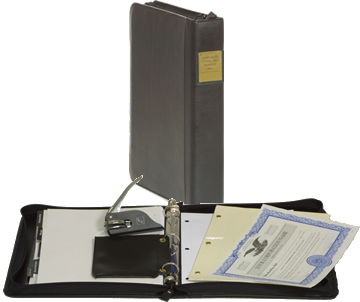 40% off Supreme Corporate Kit includes Black Leatherette Binder, Brass Plate Engraved with company logo, Stock Certs, Transfer Ledger, Index Tab Dividers, Seal with Pouch, Blank Minute Paper, Bylaw & Card hold.