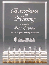 5" x 7" Glass award with inset frame and a small fence design, highlighted by a gold sheet. Order Online or Call the Corporate Connection 800-523-2344