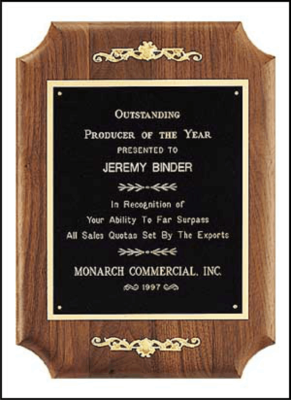 11" x 15" Walnut wood plaque with engraved black brass and brass lettering plate customized with text, image, or logo.  Order Online or Call the Corporate Connection 800-523-2344