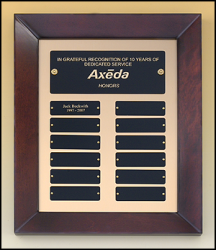 12" x 15" Cherrywood perpetual plaque with gold background finish and black brass plates.  Each plate can be personalized with text or images and screw holes.  Order online or Call the Corporate Connection 800-523-2344.