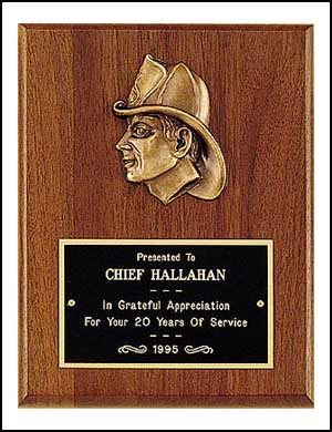 7" x 9" Walnut plaque with bronze fireman head and black brass plate customized with text, image, or logo. Order Online or Call the Corporate Connection 800-523-2344