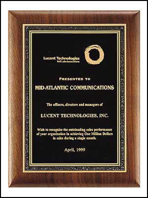 9" x 12" Walnut plaque with black brass plate fully customized with text, image, or logo.  Great for gifts and awards.  Order Online or Call the Corporate Connection 800-523-2344.