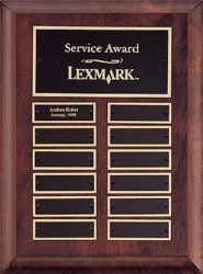 9" x 12" Cherry wood plaque with black brass plates and gold lettering. Includes the title plate and individual plates each personalizes. Order Online or Call the Corporate Connection 800-523-2344