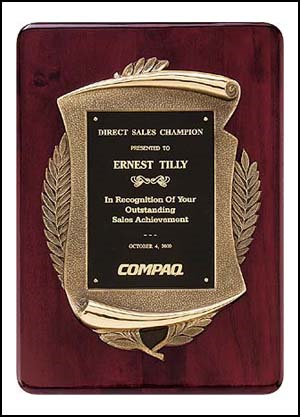 11" x 15" Rosewood plaque with bronze scroll and laurels. Comes with a black brass plate customized with text, image, or logo. Order Online or Call the Corporate Connection 800-523-2344