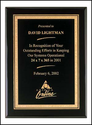 30% off black brass, piano finish award plaque customized with name, text or logo in gold. Order online or call 800-523-2344