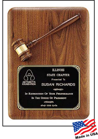 11" x 15" Walnut wood plaque with attached wood gavel.  Comes with a black brass plate customized with text, image, or logo.  Order Online or Call the Corporate Connective 800-523-2344