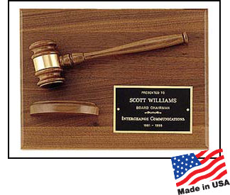 30% off walnut 9 x 12 inch gavel plaque engraved with name, custom text or logo. Order Online or Call 800-523-2344