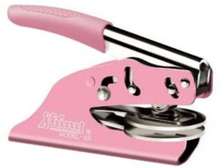 Pink Delaware notary seal embosser customized with name and date.  Comes with a protective leatherette pouch. Order Online or Call the Corporate Connection 800-523-2344