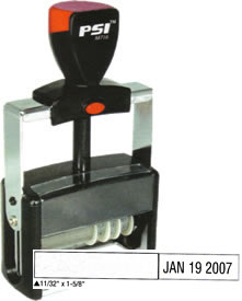 11/32" x 1 5/8" Heavy duty metal date stamp with custom prefix text.  Date in abbreviated month, two digit day and four digit year.  Year band lasts 7 years.  Comes in several colors.  Order Online or Call the Corporate Connection 800-523-2344