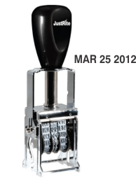 Heavy duty metal date stamp with 5/32" high date.  Date in abbreviated month, two digit date, and four digit year.  Year band lasts 7 years.  Comes in several colors.  Order Online or Call the Corporate Connection 800-523-2344