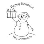 1 3/4" Square self-inking stamp with snowman and present design, customized with text. Order Online or Call the Corporate Connection 800-523-2344